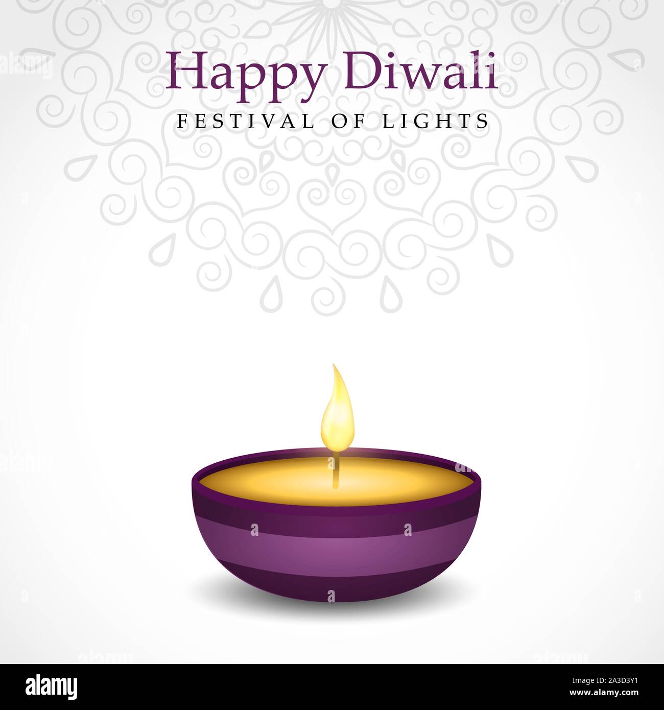 Happy Diwali Festival Grußkarte der traditionellen indischen diya Kerze Violett und Gold leuchtet. Stock Vektor