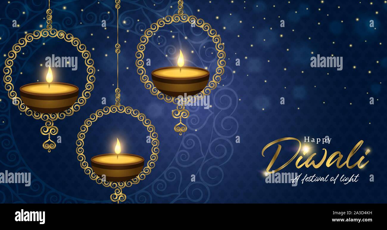 Happy Diwali Banner von Gold diya Kerzen und elegante goldene Dekoration für traditionelle indische Fest Feier. Stock Vektor