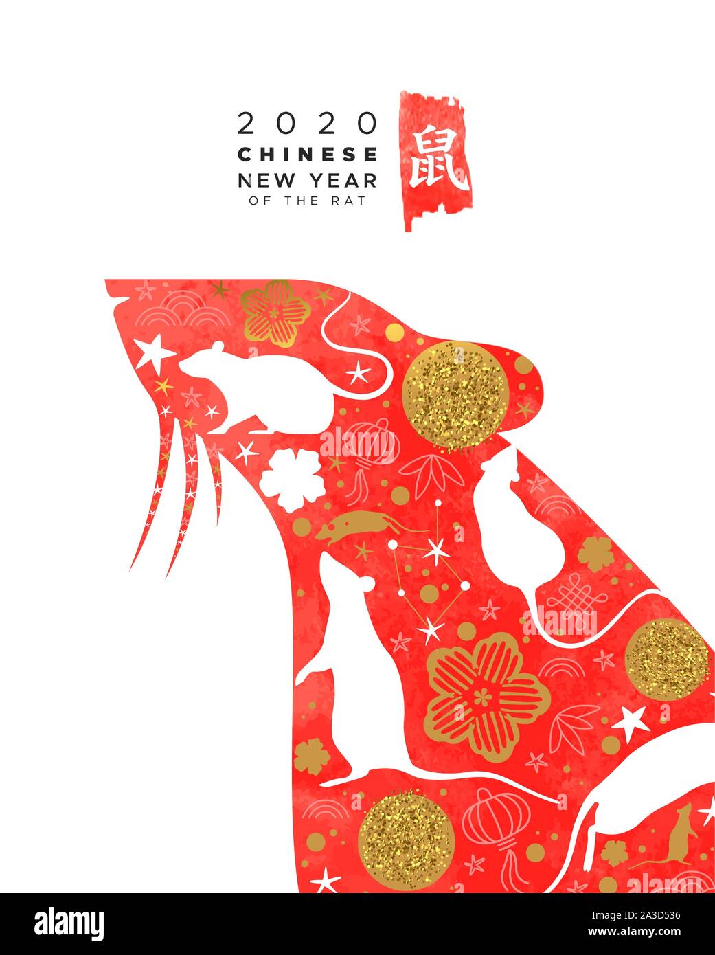 Chinesisches Neujahr 2020 Grußkarte von Red Aquarell maus Tier mit modernen gold Astrologie doodle Symbole. Kalligraphie symbol Übersetzung: Ratte. Stock Vektor