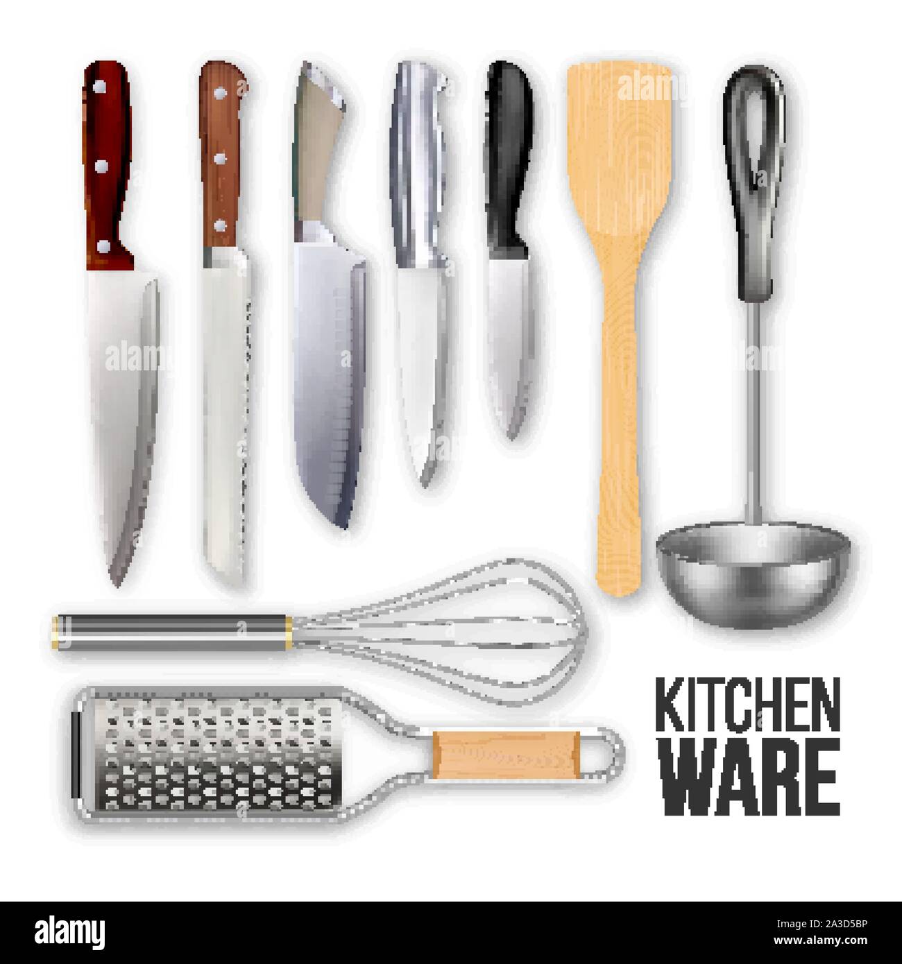 Verschiedene Messer und Kochen Küche Geschirr Set Vektor Stock Vektor