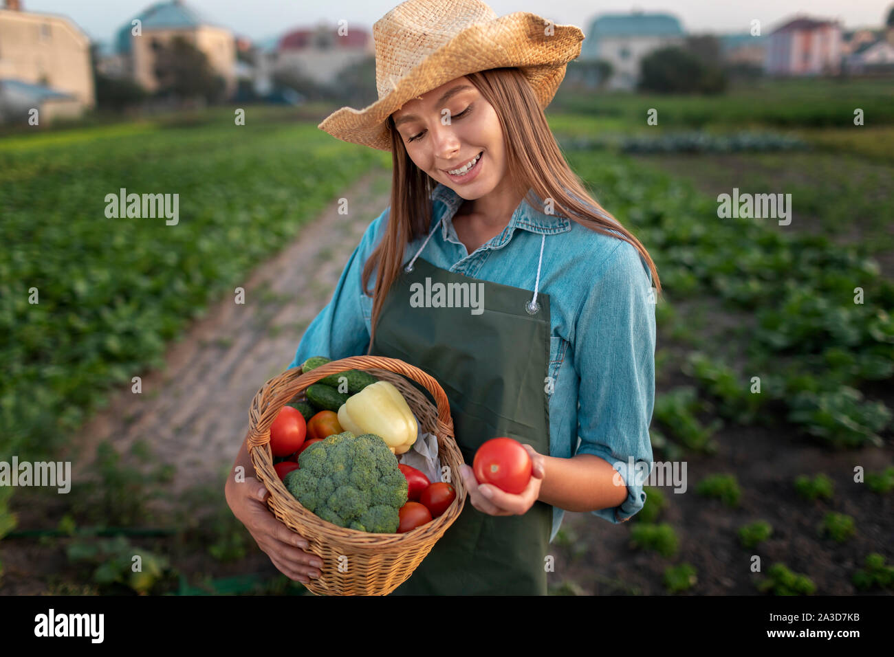 Porträt der schönen Gärtner Mädchen im Gemüsegarten mit einen Korb mit Gemüse Stockfoto