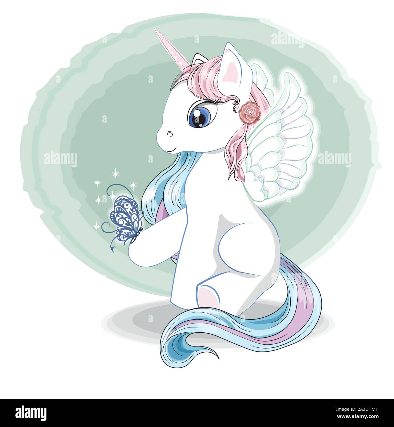 Magic White unicorn mit Flügeln, Rosa und Blau Mähne, Schweif, blaue Augen und Schmetterling. Das Bild in der Hand Zeichnung Stil, können für den T-Shirt Druck eingesetzt werden, w Stock Vektor