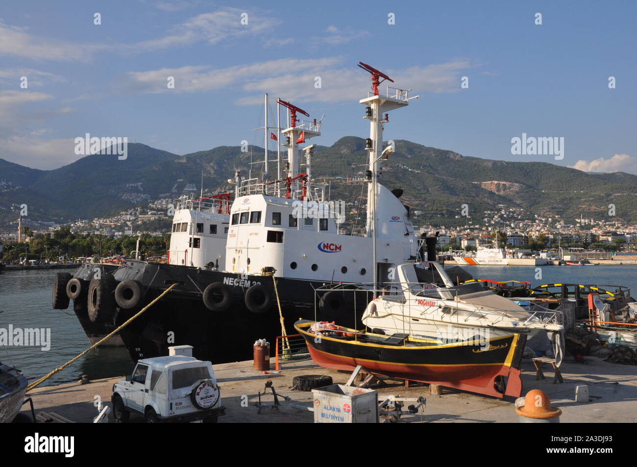 Alanya, Türkei - 20 August 2019: Feuerwehr Boote im Hafen von Alanya. Wasser Sicherheitskonzept. Stockfoto