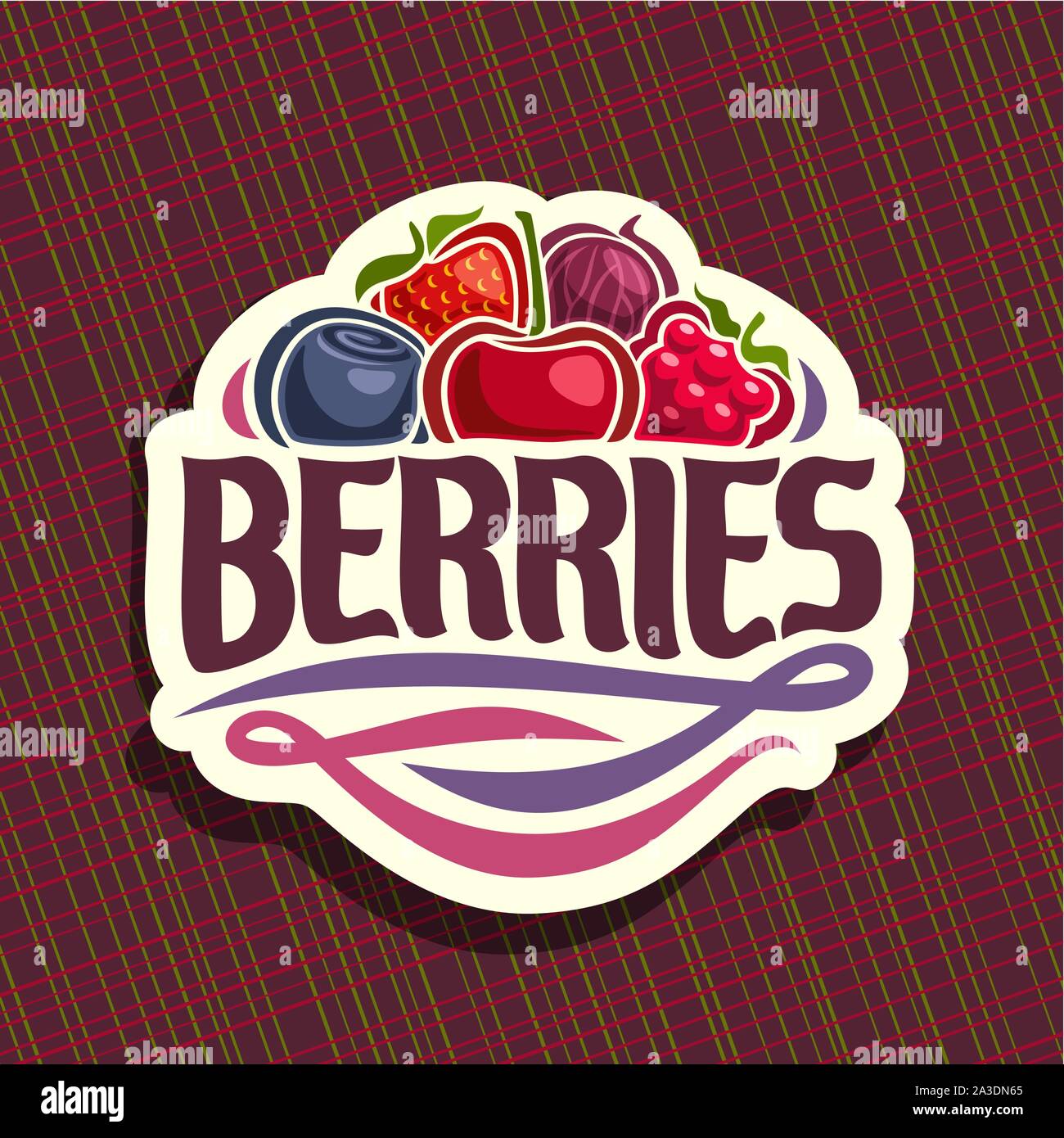 Vektor logo für Beeren, Schnitt mit frischen Erdbeeren, rote Stachelbeere, gesunde Heidelbeere, Kirsche Berry, reife Himbeeren auf geometrischen Hintergrund, Veg Stock Vektor