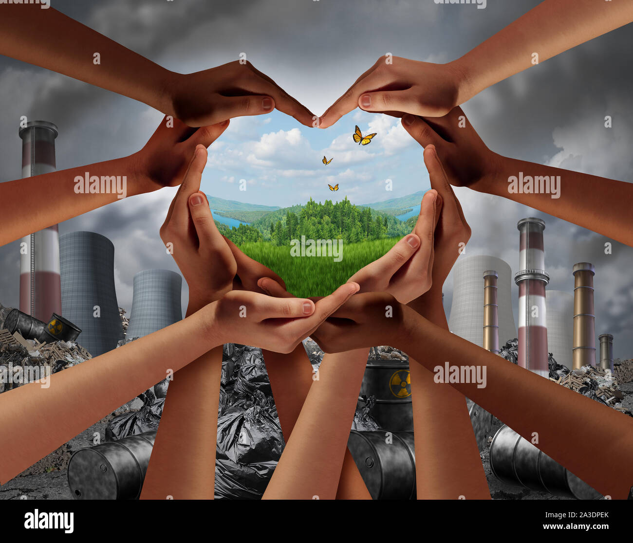 Earthday und Erde Tag als Gruppe von unterschiedlichsten Menschen Herzen Hände zu bilden zusammen den Schutz der Umwelt durch giftige Verunreinigung zu fördern. Stockfoto