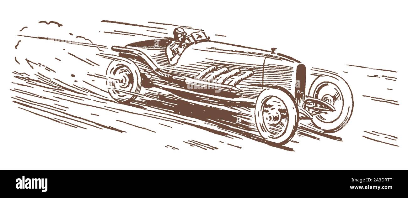 Historische Rennwagen fahren mit hoher Geschwindigkeit. Abbildung: Nach einer Lithographie aus dem frühen 20. Jahrhundert Stock Vektor