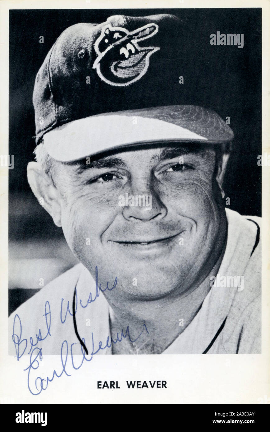 1960s Era schwarz-weiß Foto mit Autogramm von Halle des Ruhmes Baltimore Orioles Manager Earl Weaver. Stockfoto