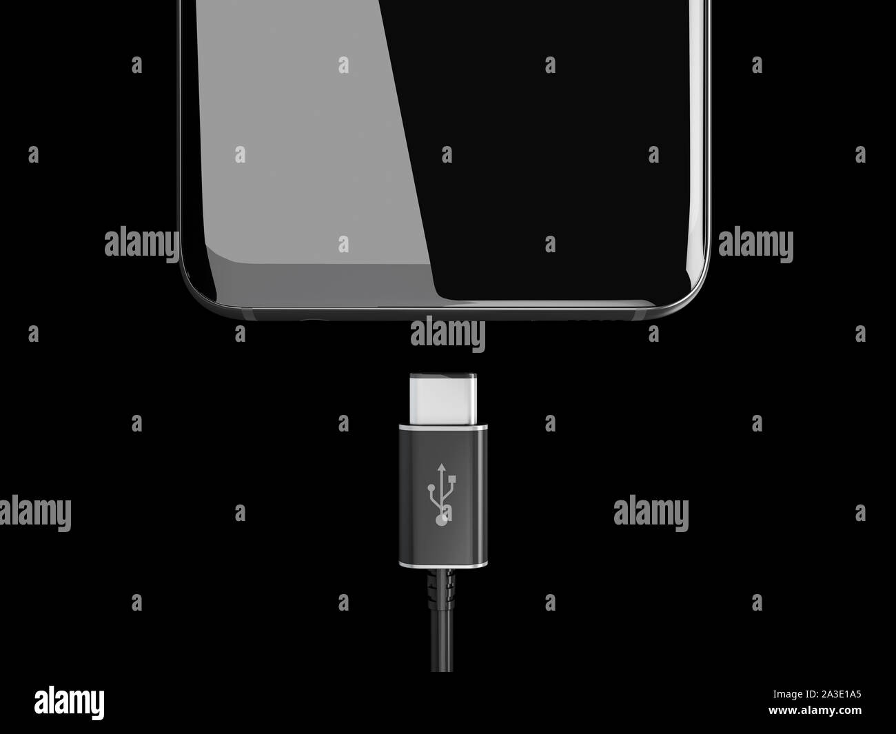 3d-Abbildung: USB-Kabel für Smartphone auf schwarzem Hintergrund Stockfoto