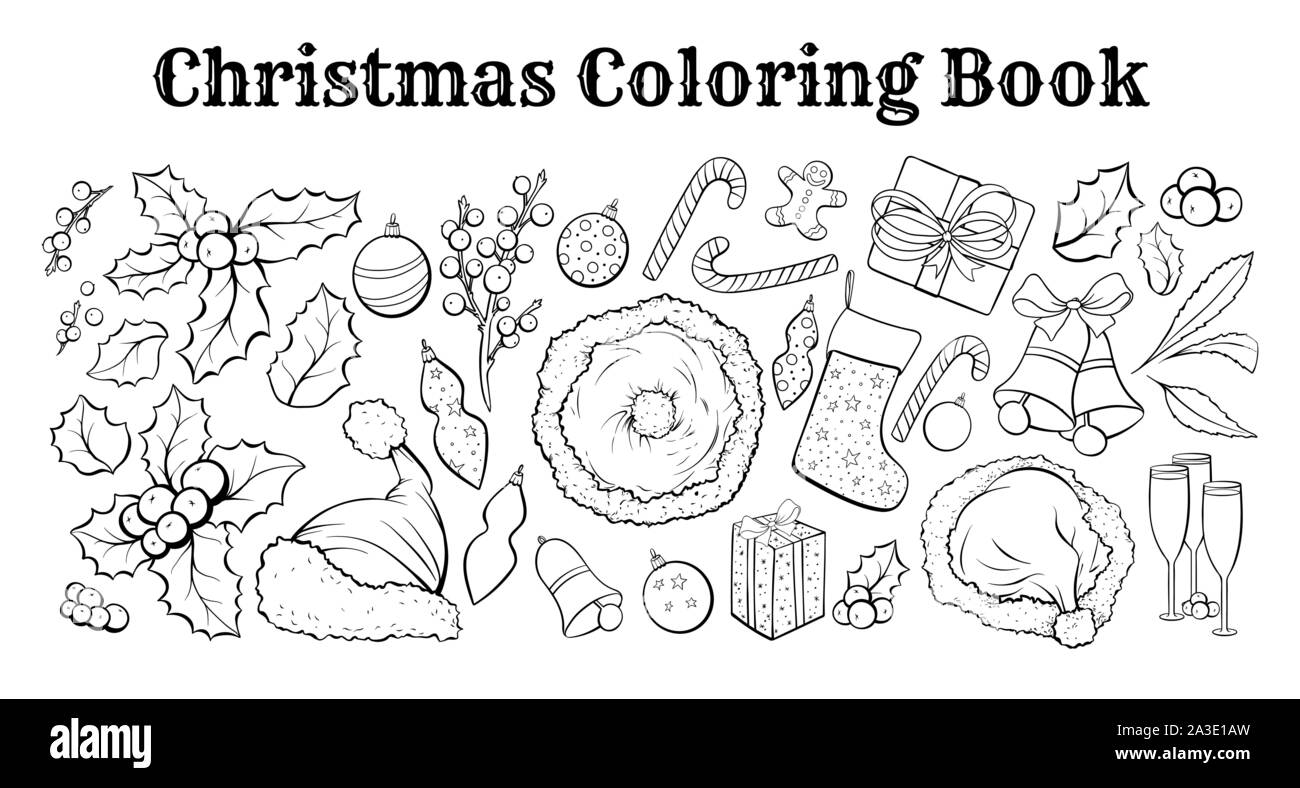 Weihnachten handgezeichnete Vektorgrafiken. Traditionelle winter Urlaub, Weihnachten, Neujahr feier Symbole pack. Santa Hut, Mistel, Karamell Sticks, Champagner und präsentiert Schwarzweiß-Zeichnungen Stock Vektor