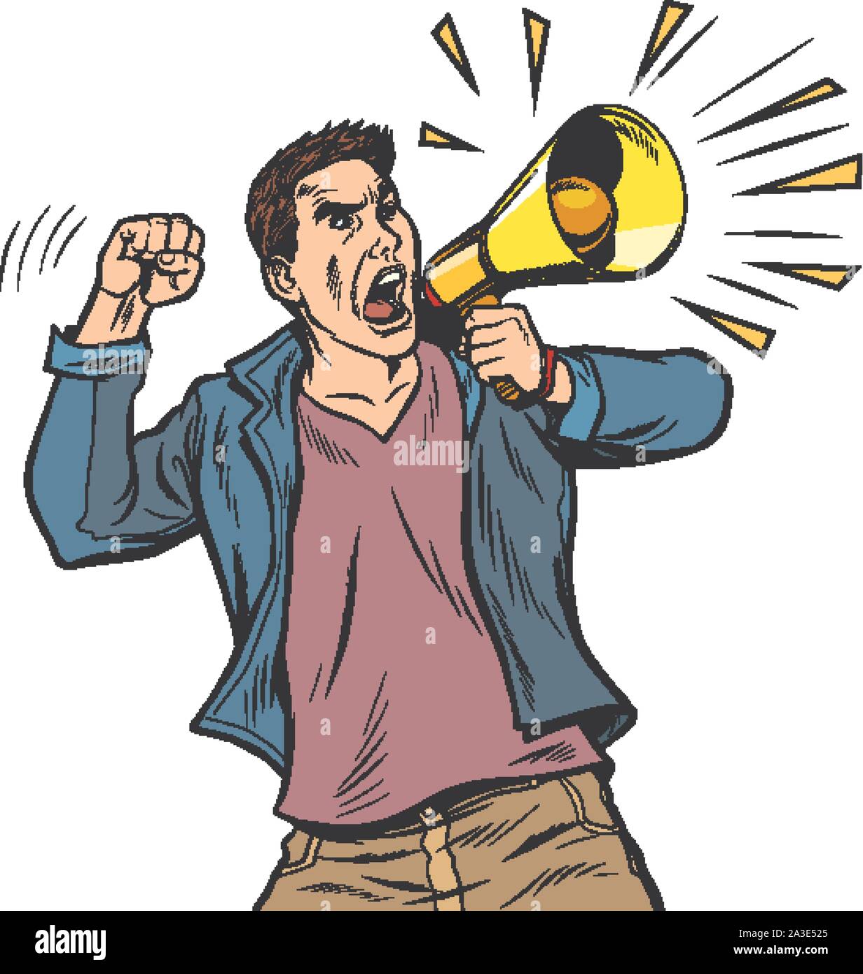 Mann Demonstrant mit Megafon. auf weißem Hintergrund isolieren. Demokratie opposition Freiheit der Rede. Pop Art retro Vektor illustration Zeichnung vintage k Stock Vektor