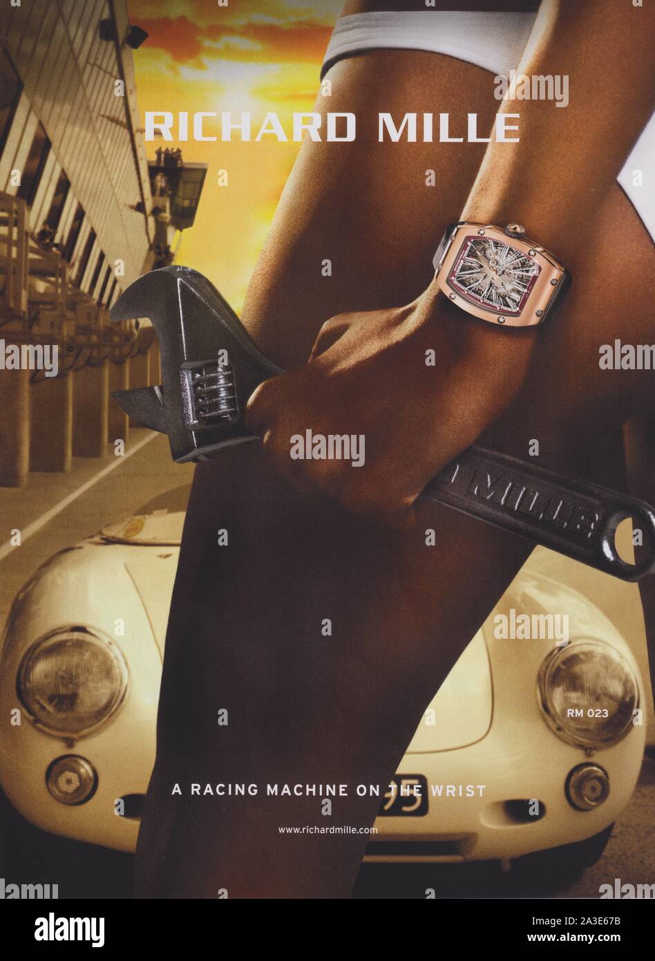 Plakat werbung Richard Mille Schweizer Uhrenmarke im Magazin von 2012 Jahr, Werbung kreativ Richard Mille Anzeige von 2010 s Stockfoto