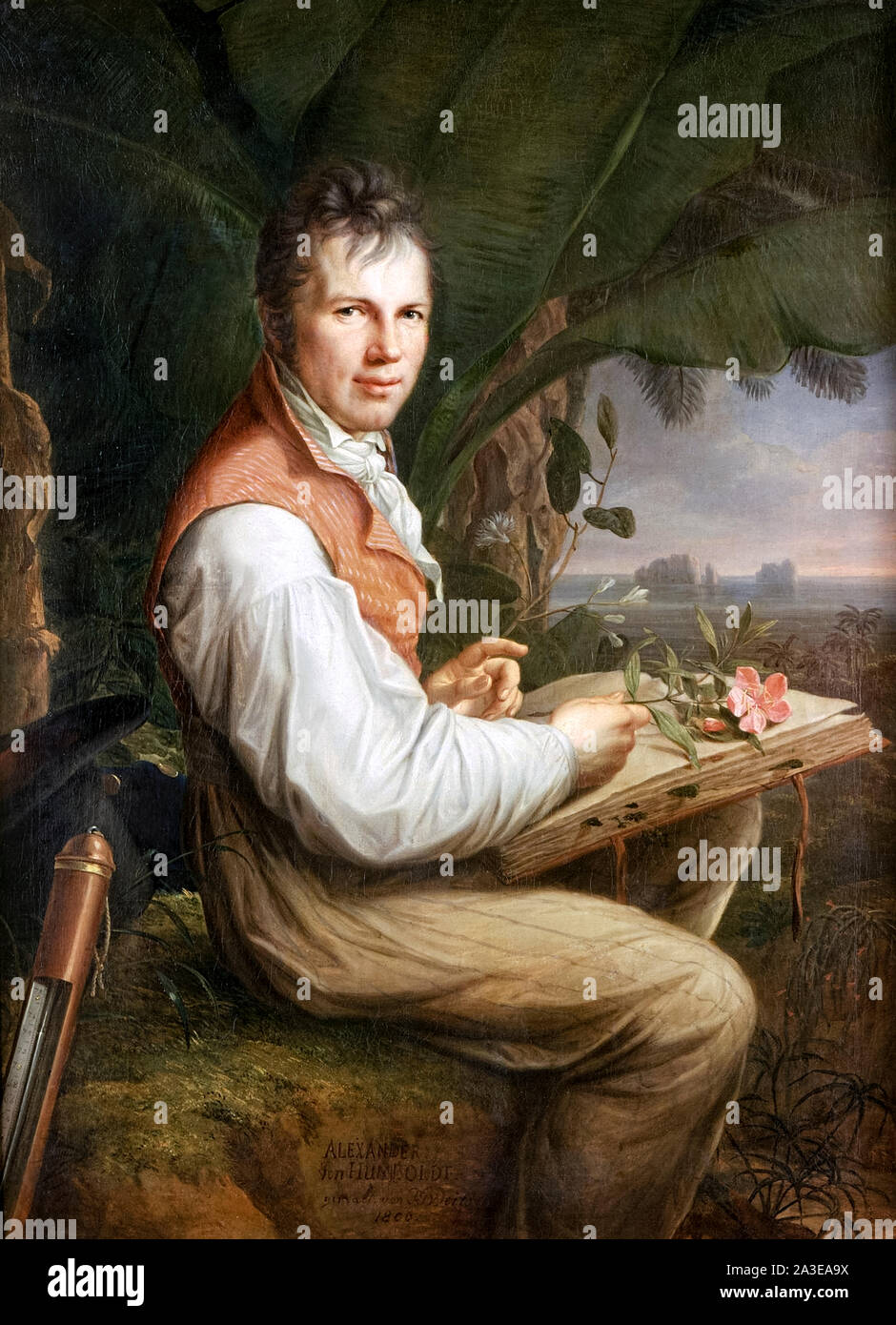 Alexander von Humboldt (1769-1859) Preußischer eine prominente Naturforscher und Entdecker, die weitgehend in Nord- und Südamerika gereist und war die erste Person, die den Klimawandel aufgrund menschlicher Aktivitäten zu beschreiben Universalgelehrten. Porträt von Friedrich Georg Weitsch Übersetzung: Helge Moog (1758-1828) im Jahre 1806 mit Humboldt eine Anlage Muster in Venezuela die Prüfung im Jahre 1799 gemalt. Stockfoto