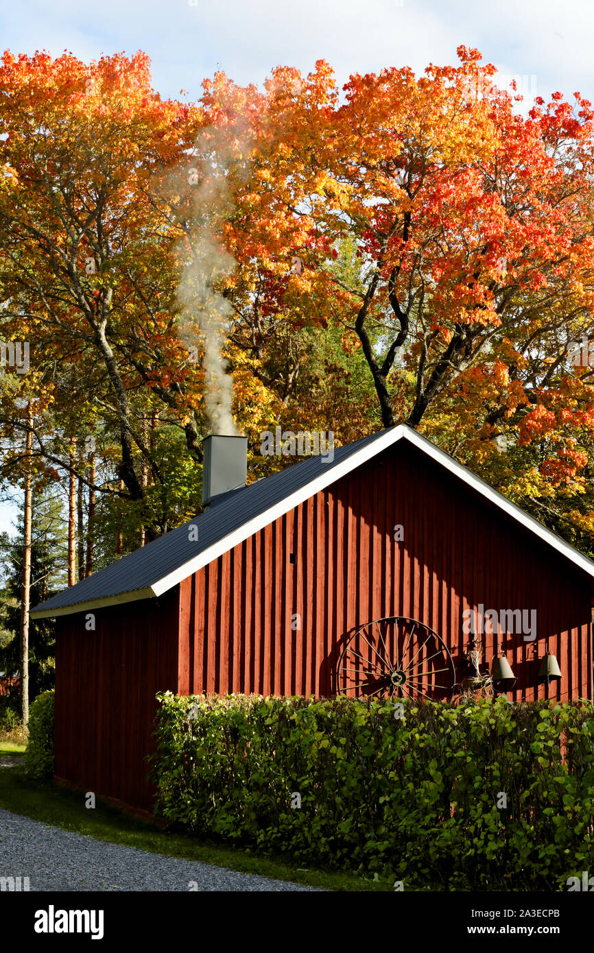 Eine rote finnische Sauna Gebäude. Rauch steigt aus dem Rohr an einem sonnigen Herbst Abend. Die Sauna ist in der Aufwärmphase. Stockfoto