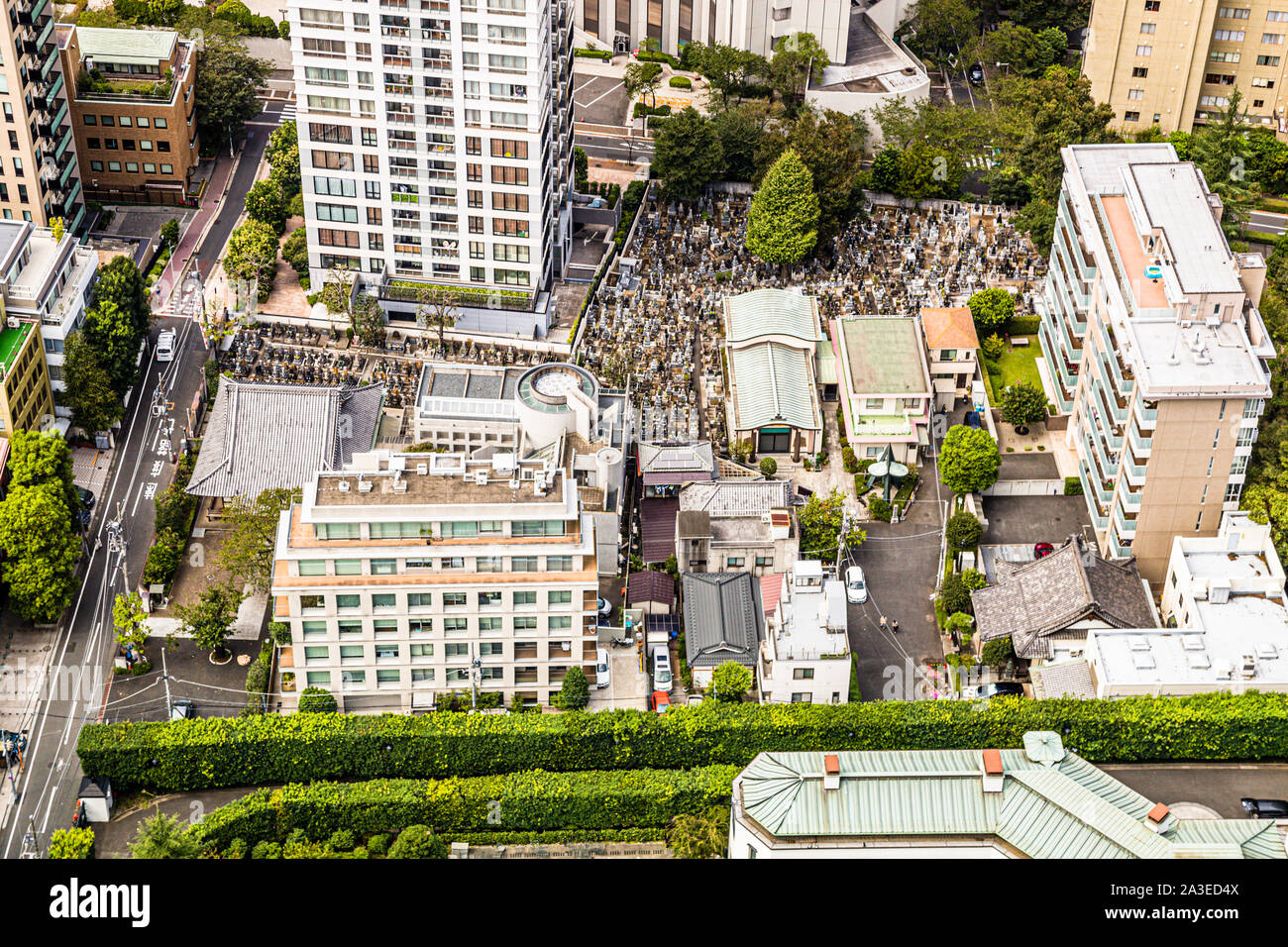 Friedhof inmitten von Hochhäusern in Tokio, Japan Stockfoto