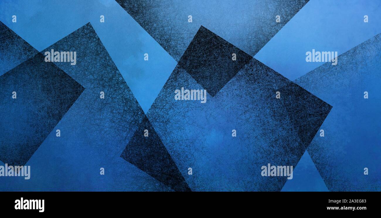 Abstrakt Blau Hintergrund mit schwarzen geometrischen quadratische Formen schichtweise in zufälligen Muster, eleganten dunklen Blau und Schwarz wallpaper Design ist modern und Stockfoto