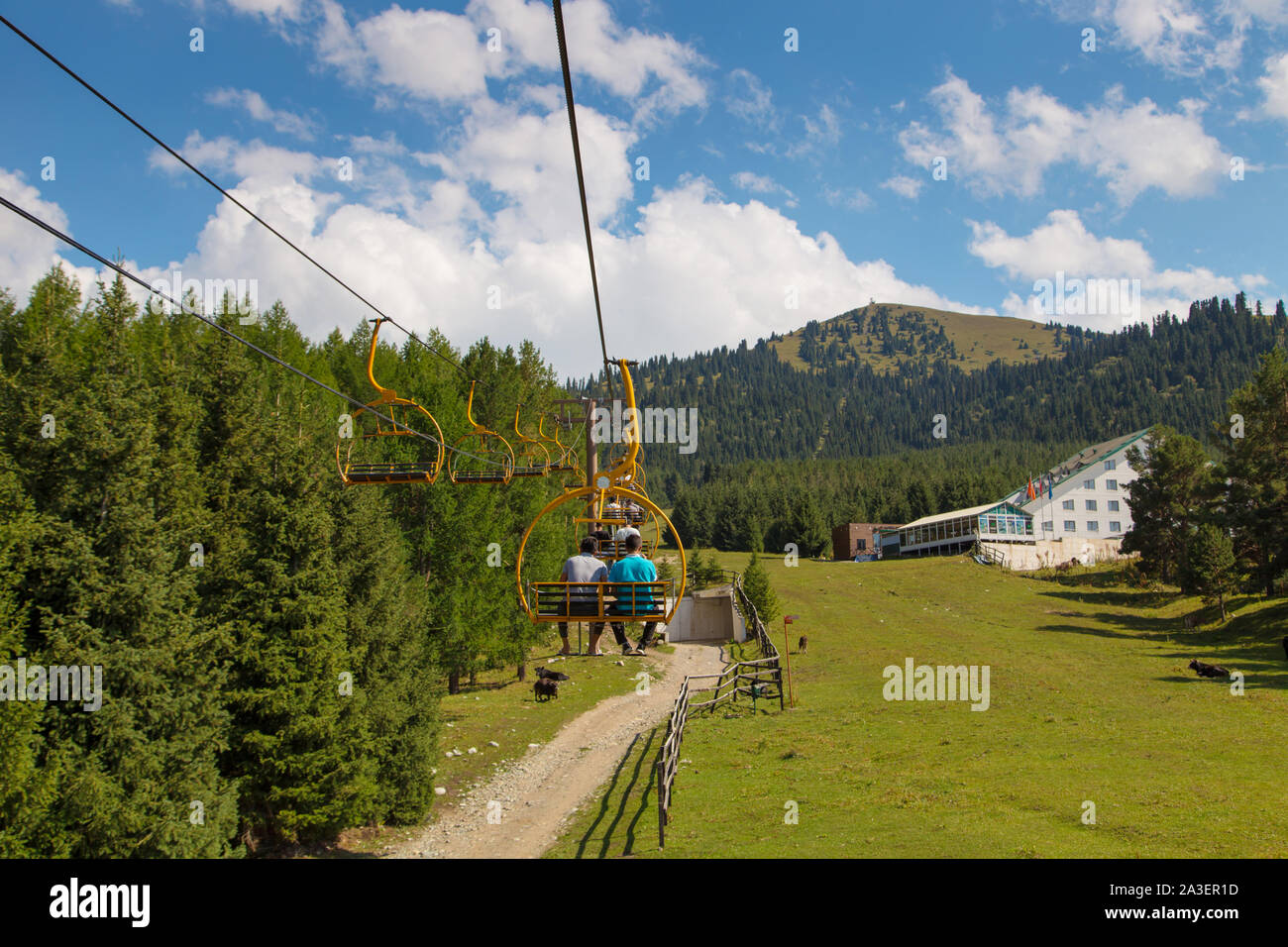 Kirgisistan, Karakol ski resort - 22. August 2019. Sommer Bergwelt hoch in die Berge. Hohe Bäume der Weihnachtsbäume, Skilift im Skigebiet Stockfoto