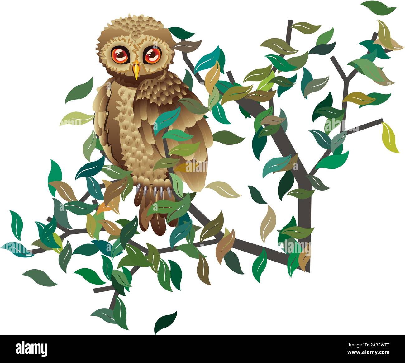 Süße braune Eule sitzt auf abstrakten Baum mit grünen Blättern. Stock Vektor