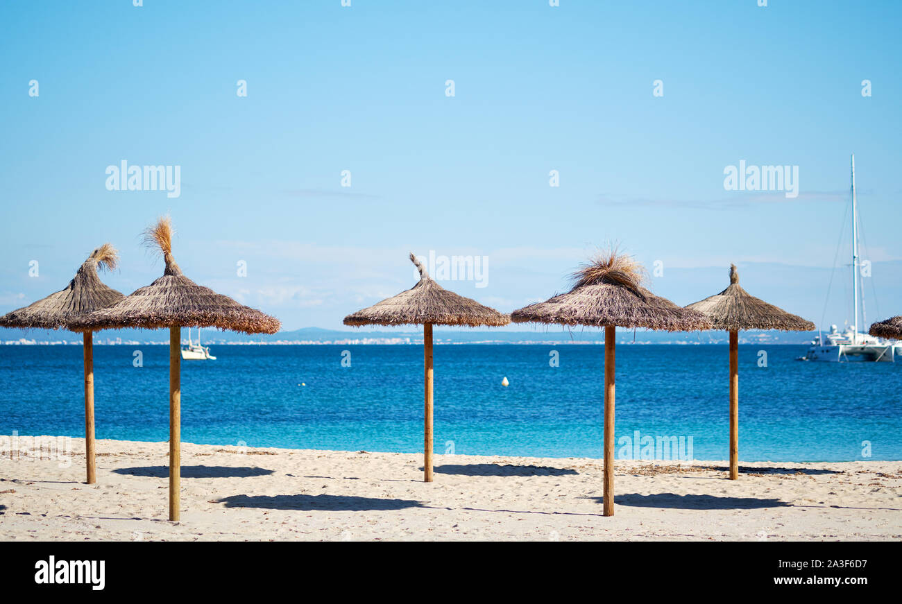 Die idyllische Landschaft, Konzept der Sommerferien, Stroh Sonnenschirme in einer Reihe an der Küste von blaue Mittelmeer, Mallorca, Baleares, Spanien Stockfoto