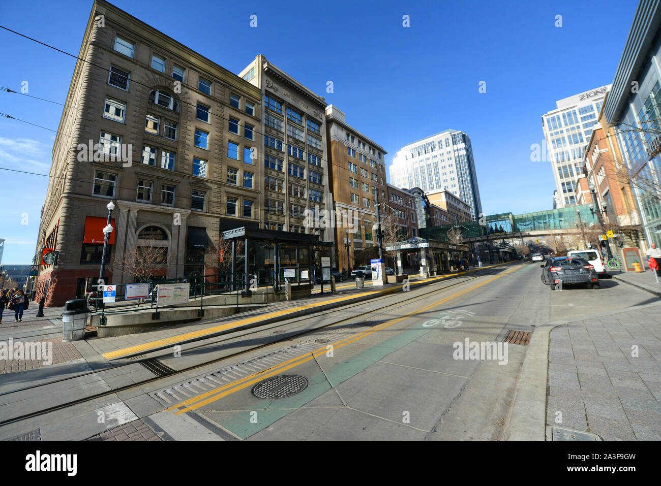 Main Street in der Innenstadt von Salt Lake City. Stockfoto