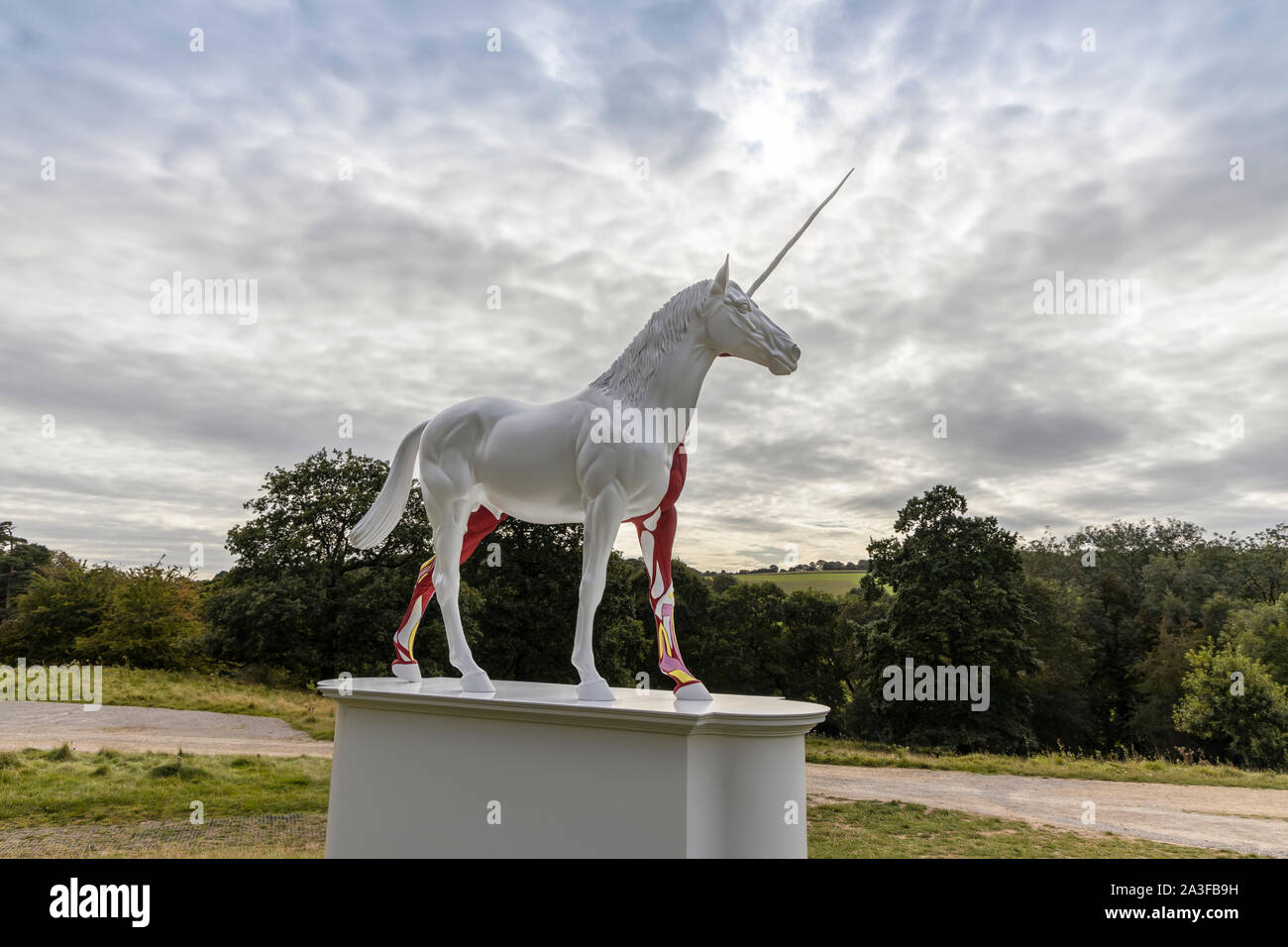 Damien Hirst Skulptur Mythos ist aus weißem Einhorn mit der Hälfte der geschundenen Haut enthüllt pulsierende Muskulatur und Gewebe in einer landschaftlich reizvollen Lage des YSP, UK. Stockfoto