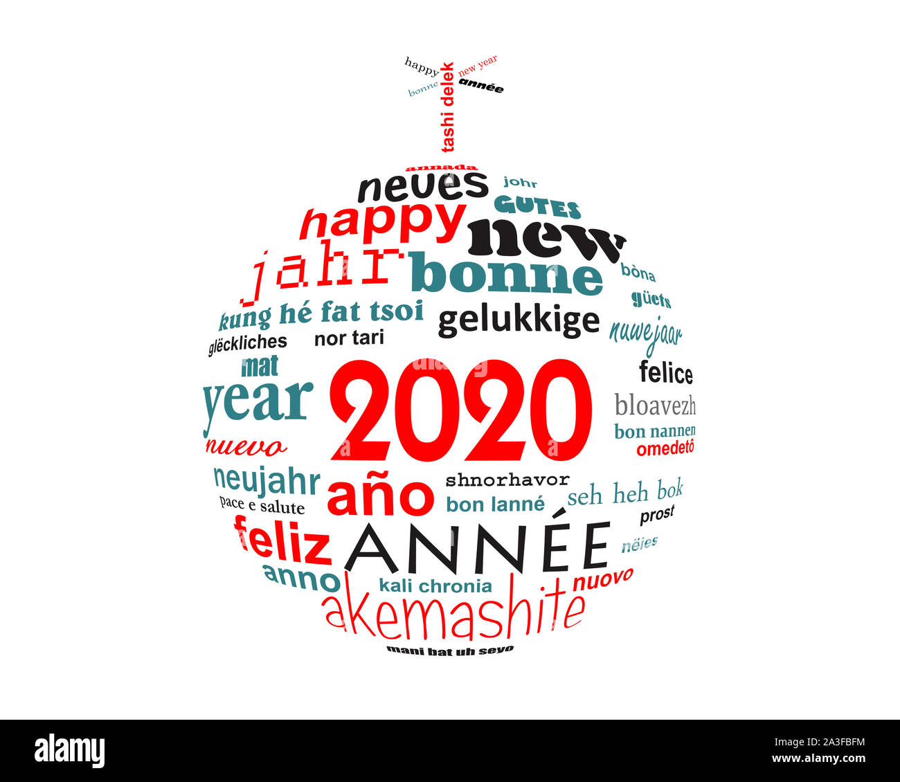 2020 Neue Jahr mehrsprachiger Text word cloud Grußkarte in der Form eines christmas ball Stockfoto