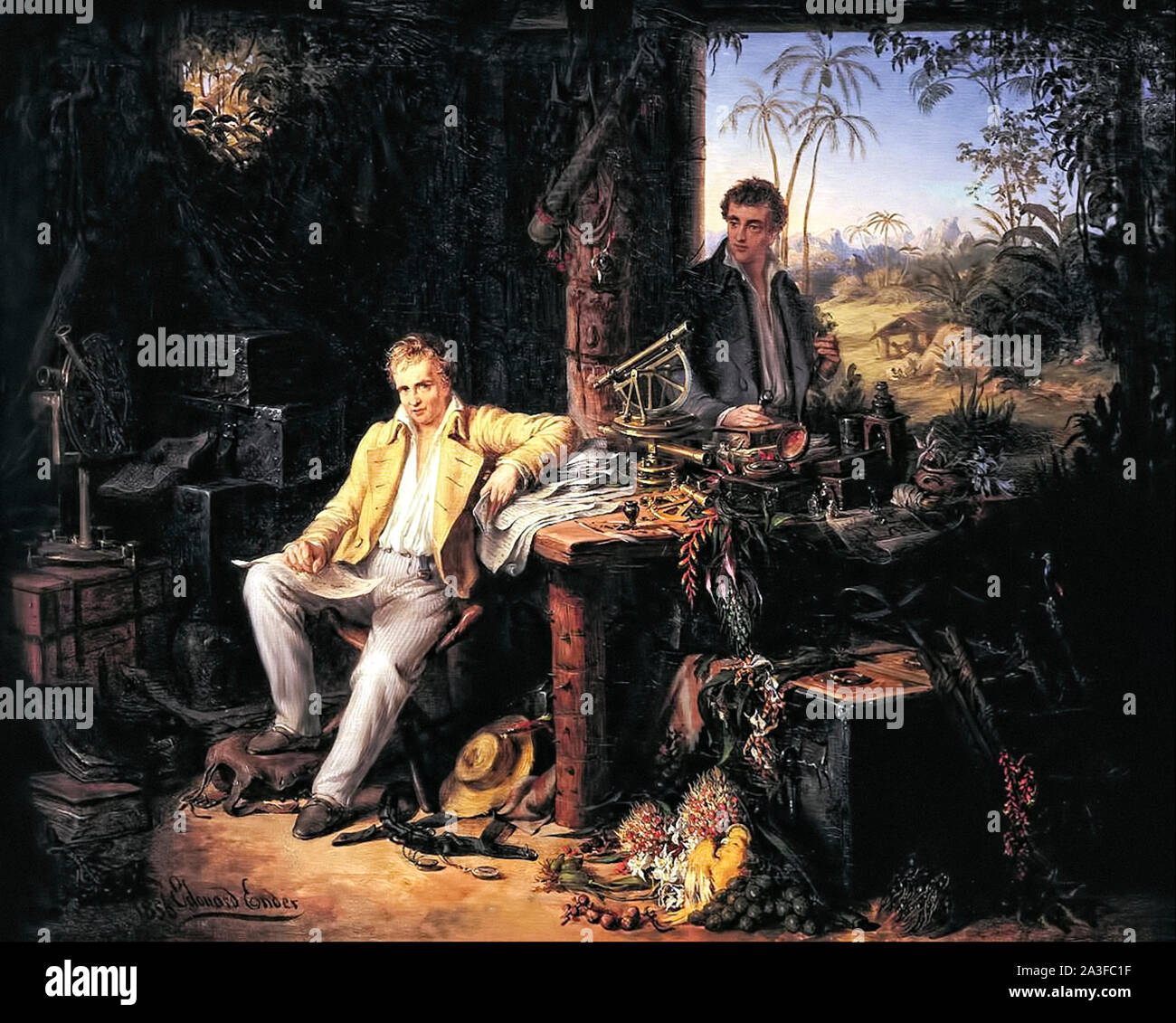 Alexander von Humboldt (1769-1859) und Aimé Bonpland (1773-1858) in einem romantisch verklärten Blick auf ihre Erforschung des Amazonas Regenwaldes in 1800, mit verschiedenen Gegenständen, von wissenschaftlichen Geräten umgeben. Öl Gemälde von Eduard Ender (1822-1883) im Jahre 1856 gemalt. Stockfoto