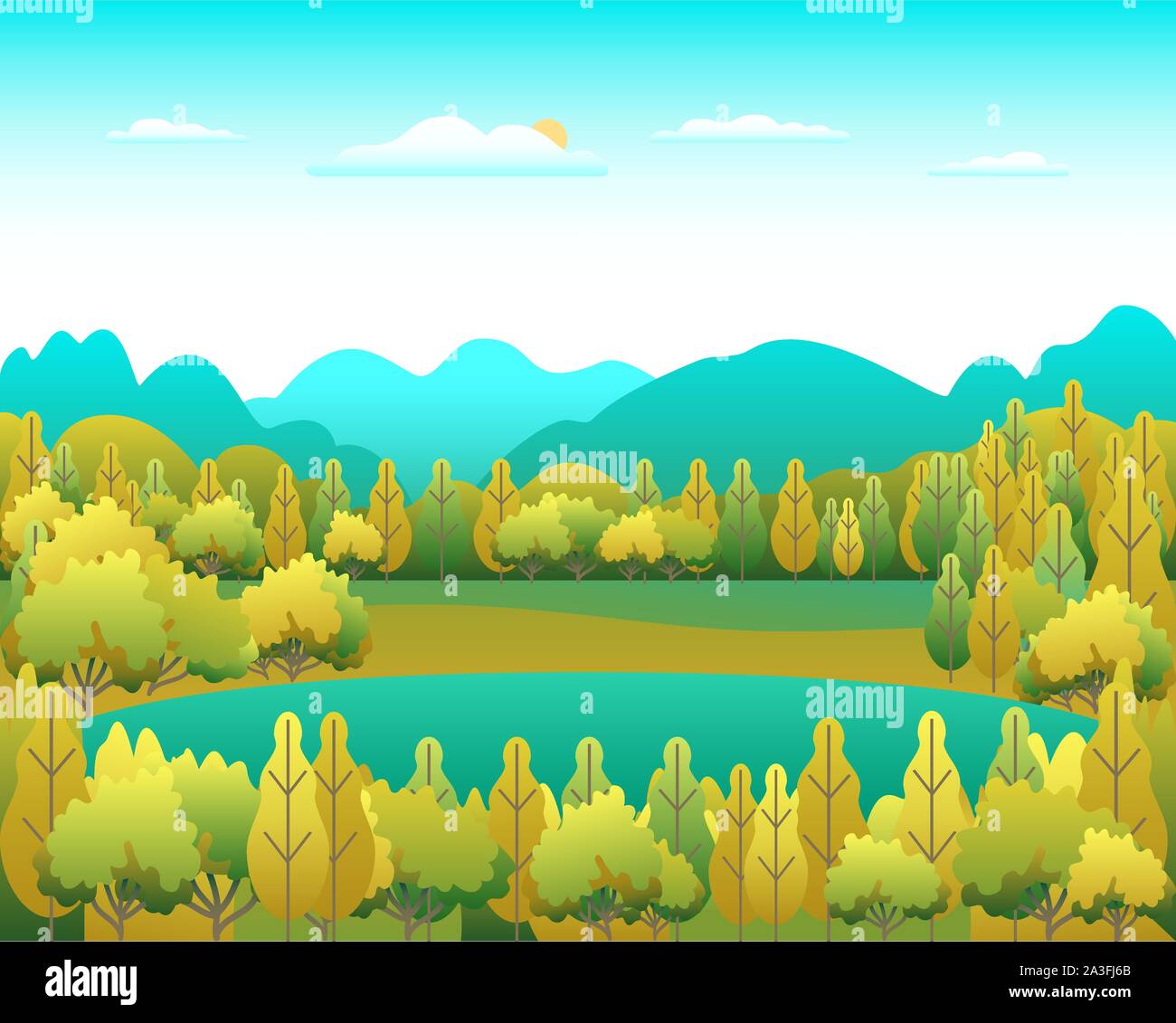 Hügel und Berge Landschaft in flachem Design. Tal Hintergrund Panorama Landschaft Illustration. Schönen grünen Feld, Wiese, Berge und Stock Vektor