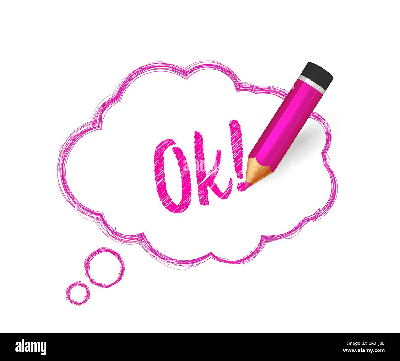 Sprechblase Malen mit Bleistift. Hand gezeichnet Banner mit doodles von Kreide und kurze Meldung: "Ok" geschrieben. Skizze cloud und zitiere, rosa Zeilen streichen und Stock Vektor