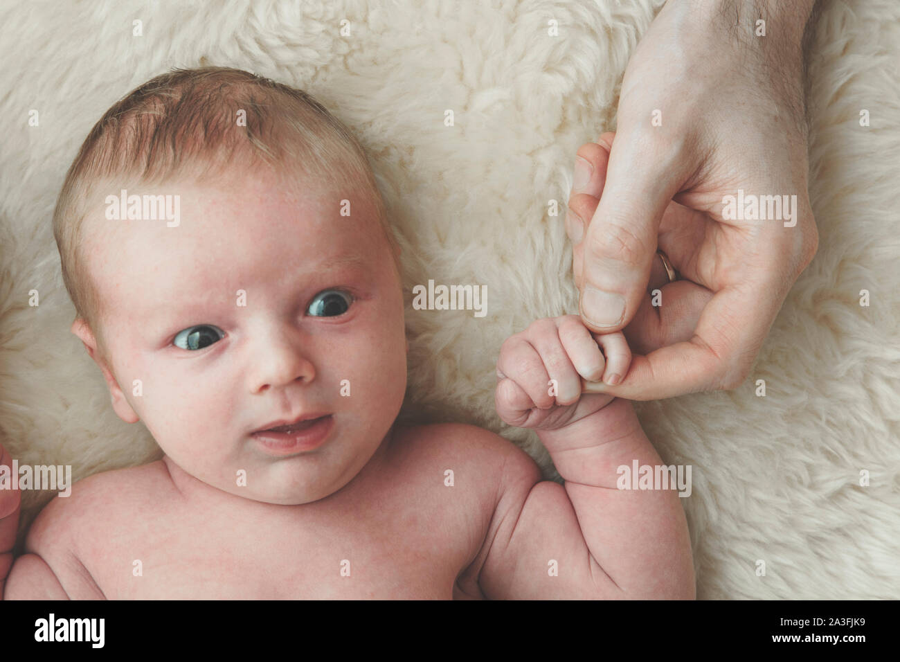 Ein niedliches Baby hält auf Väter Finger. Vaterschaft Konzept Stockfoto