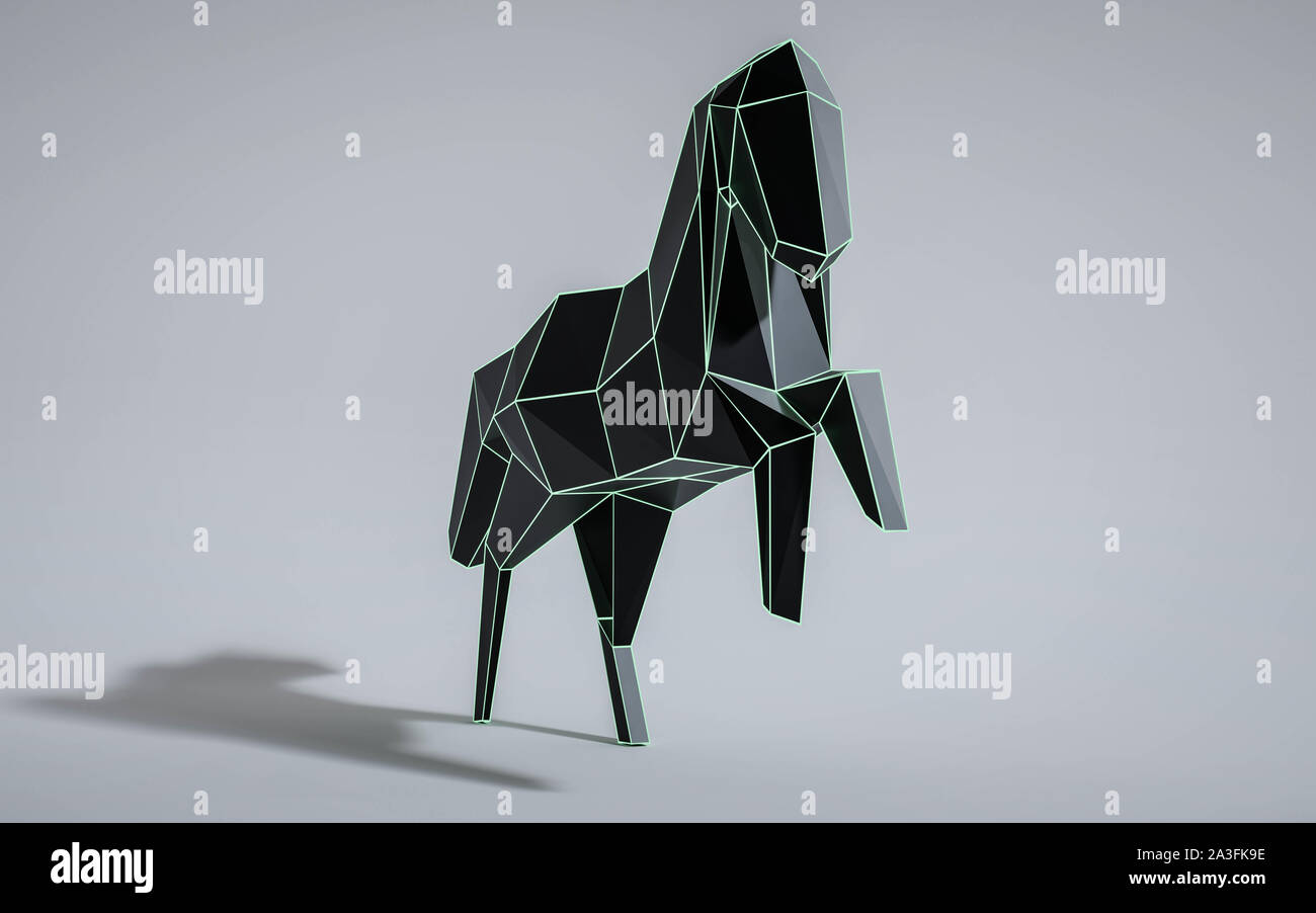 Geometrische polygon abstrakte Drahtmodell schwarz und turqouise Pferd 3d-render Abbildung Stockfoto