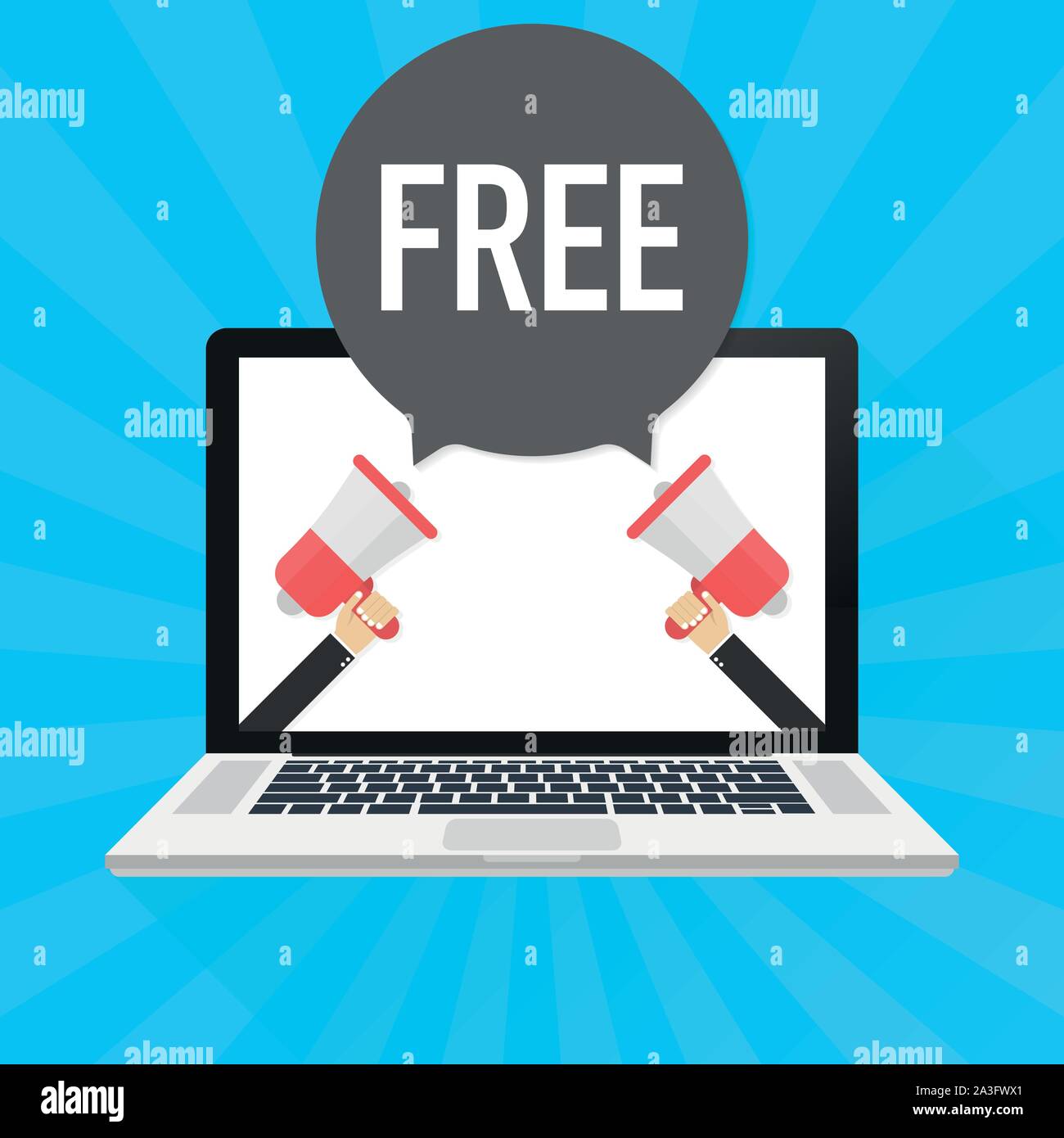 Laptop Notebook PC-Bildschirm. Hand Megaphon. Freier Text in der Sprechblase. Vector lieferbar Abbildung. Stock Vektor