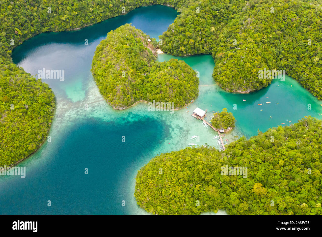 Sugba Lagune, Siargao, Philippinen. Kleine Inseln mit Lagunen, Ansicht von oben. Die wunderschönen tropischen Landschaft. Stockfoto
