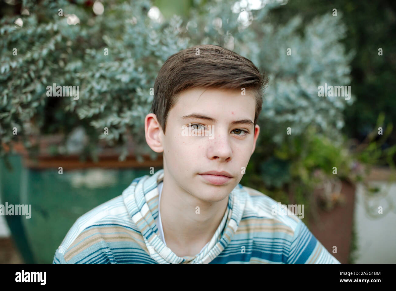 Ernsthafte jugendlich Junge tragen blau gestreiften Hemd mit Topfpflanze in zurück Stockfoto