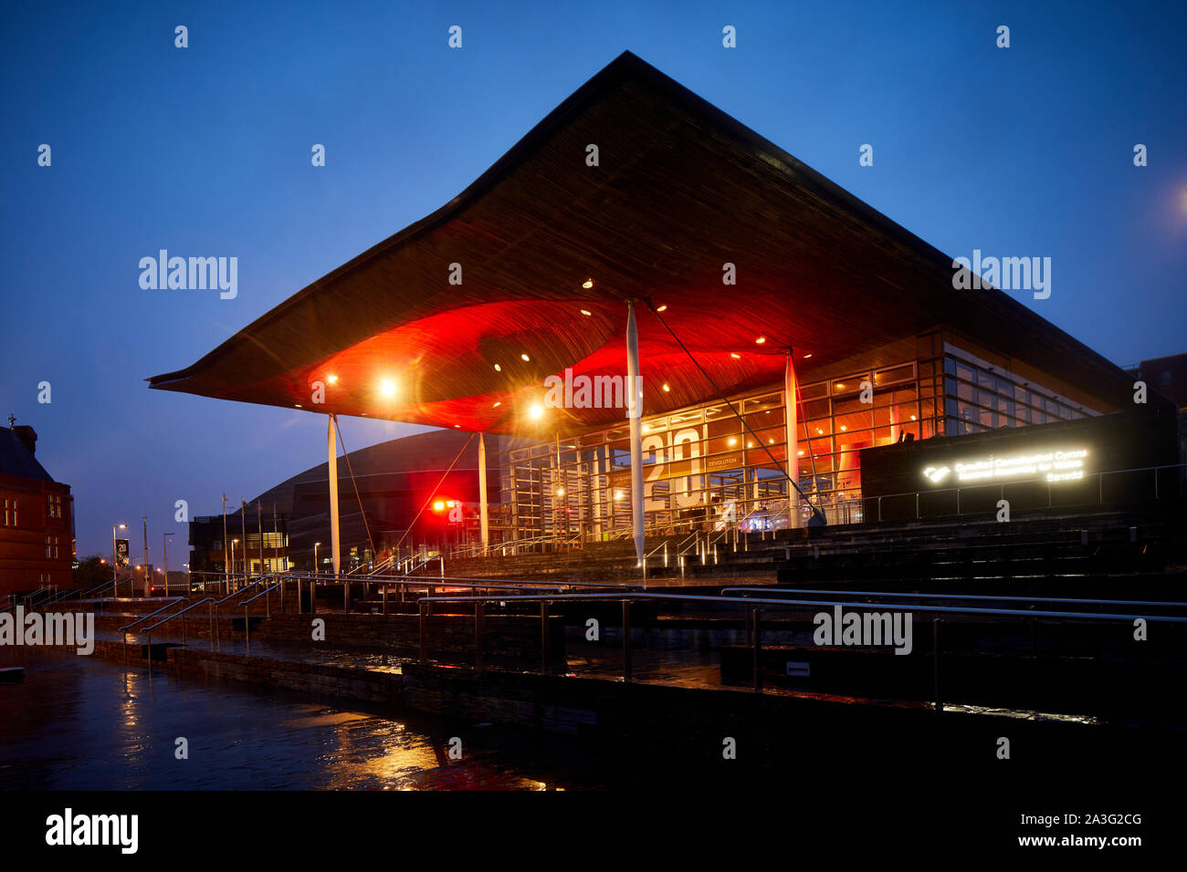 Der Senedd, Heimat der Nationalversammlung für Wales, Plenarsaal in Cardiff Bay Stockfoto