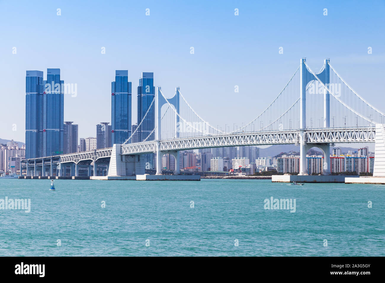 Südkorea. Busan Stadtbild mit Gwangandaegyo oder Diamond Bridge Stockfoto