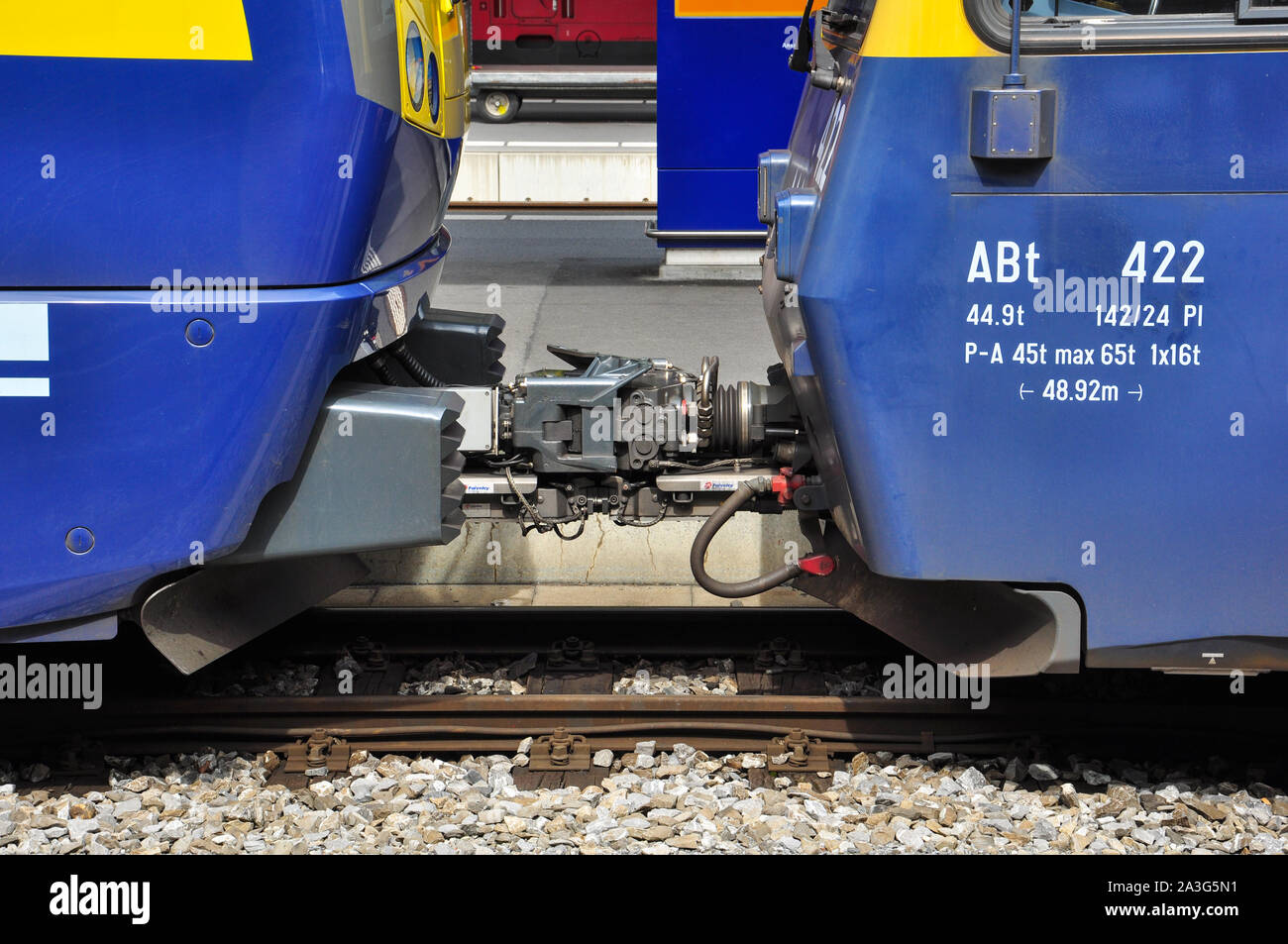 Berner Oberland Bahn Kupplungen, Bahnhof Interlaken Ost, Schweiz Stockfoto