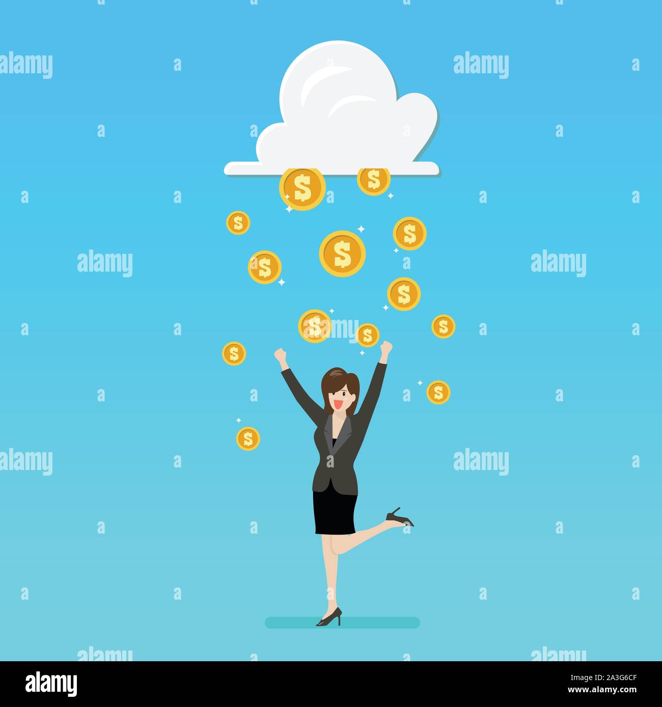 Erfolg business Frau mit Cloud und Geld regnen. Vector Illustration Stock Vektor