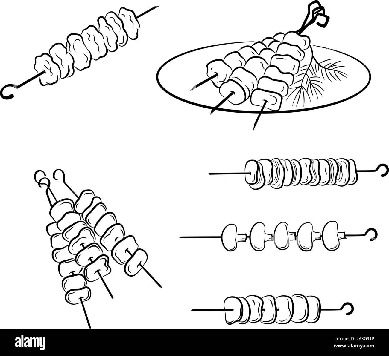 Satz von gebratenem Fleisch oder Gemüse, traditionelles Essen Grill, Steaks, Kebab oder Schaschlik. Schwarze Konturen isoliert auf weißem Hintergrund. Vektor Stock Vektor