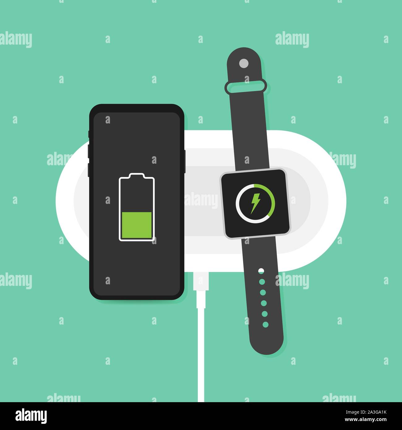 Drahtlose aufladen für Smartphone und smart Watch. Innovative, moderne technologische Zubehör. Vector lieferbar Abbildung: flaches Design Stock Vektor