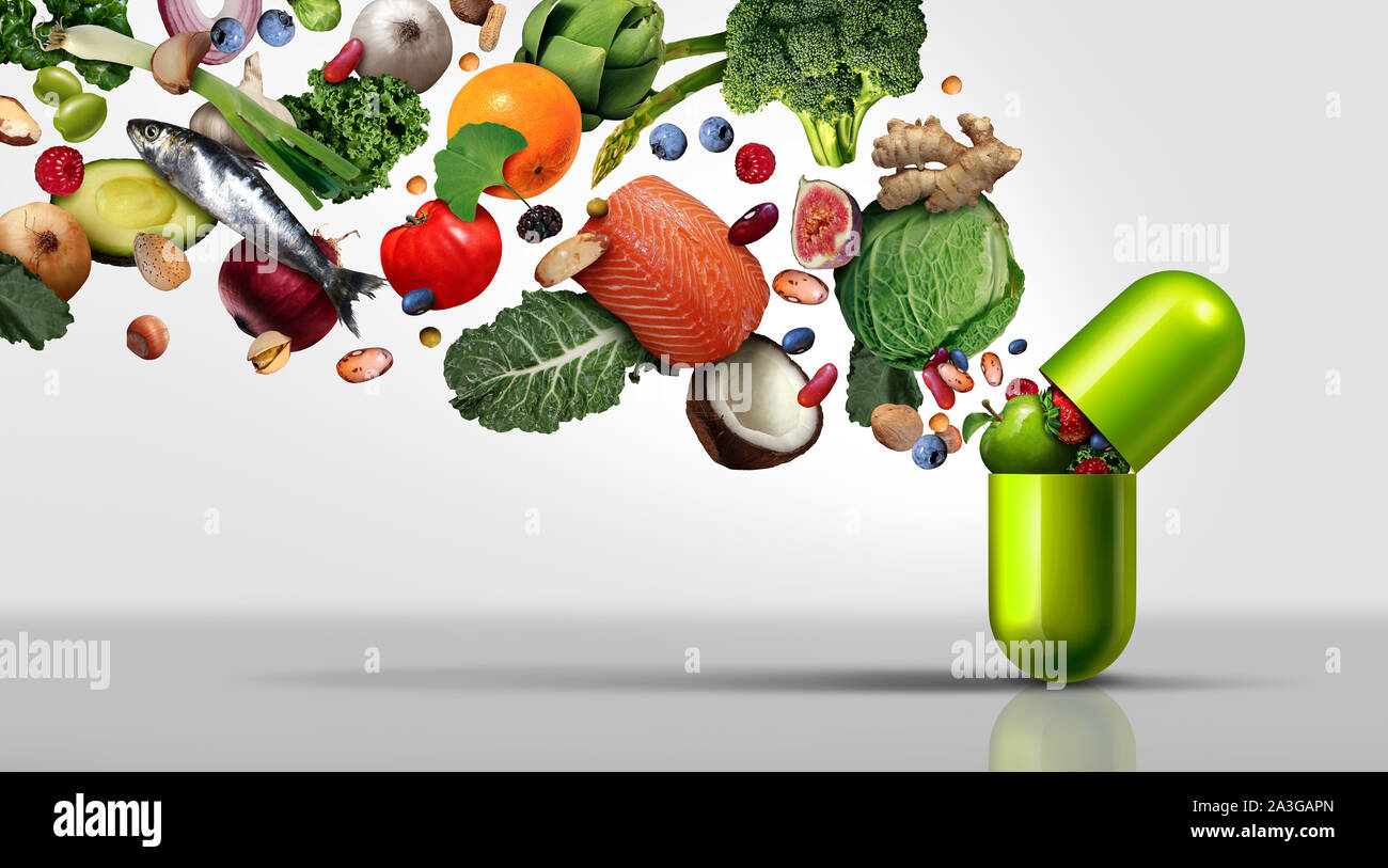 Nahrungsergänzungsmittel und Vitaminpräparate als Kapsel mit Obst Gemüse Nüsse und Bohnen in einem Nährstoff Pille als natürliche Medizin Gesundheit. Stockfoto