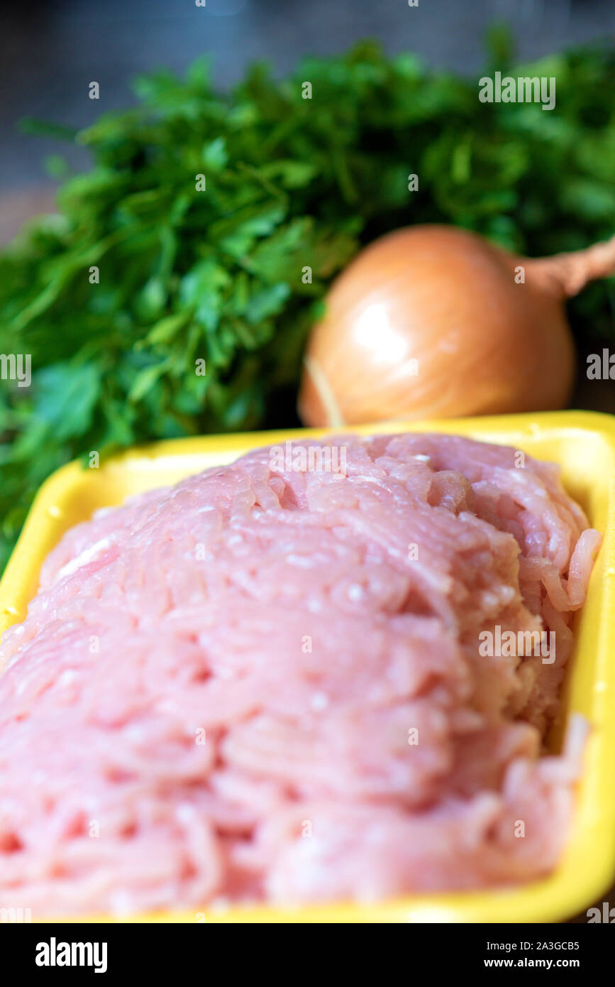 Raw Türkei Masse Fleisch, frische Petersilie und Zwiebeln. Selektive konzentrieren. Stockfoto