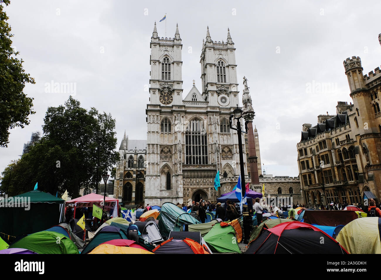 Westminster, London, Großbritannien. 8. Oktober 2019. Aussterben Rebellion Aktivisten blockieren Straßen in der Gegend von Westminster in einem zweiten Tag für Klimawandel Demonstrationen, mit einem Lager außerhalb der Westminster Abbey. Credit: Malcolm Park/Alamy Leben Nachrichten. Stockfoto