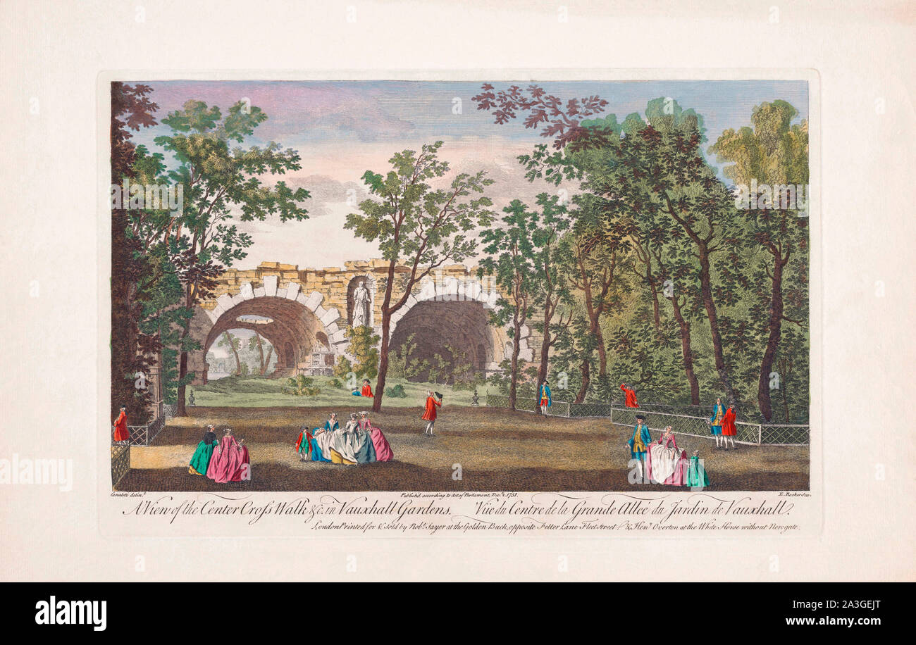 Ein Blick auf das Zentrum Kreuzweg &c. in Vauxhall Gardens. London, England. Nach einem Drucken datiert 1751 aus einer Arbeit von Caneletto. Von Robert Sayer veröffentlicht. Später einfärben. Stockfoto