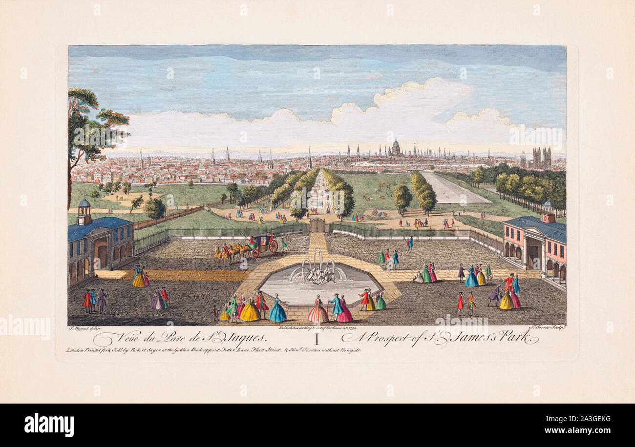 Die Aussicht auf St. James's Park, London, England. Nach einem Drucken vom 1752 von einer Arbeit von Jacques Rigaud. Von Robert Sayer veröffentlicht. Später einfärben. Stockfoto