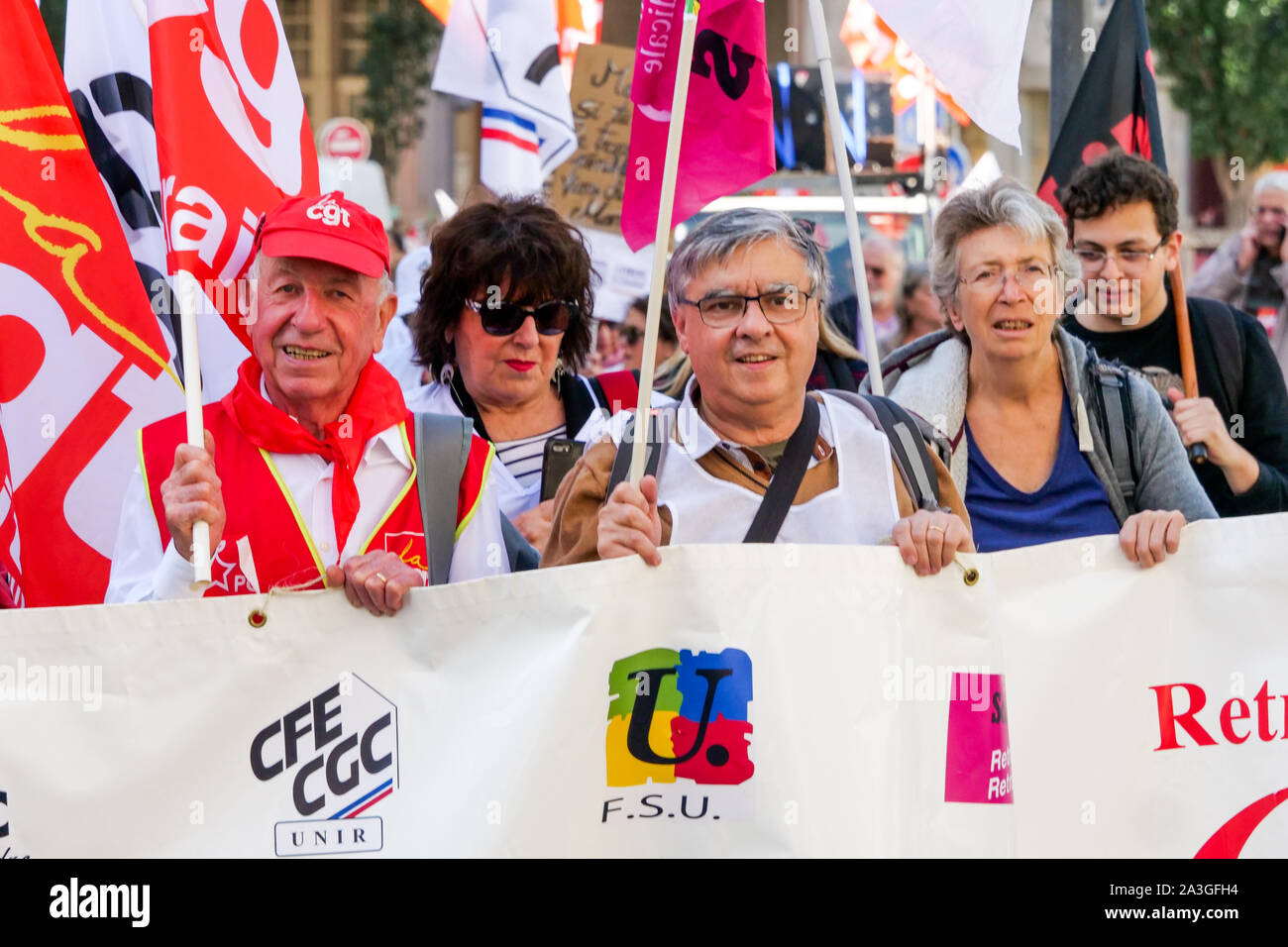 Pensionierte salarymen März in Lyon gegen die angekündigte Reform der Renten zu protestieren, Lyon, Frankreich Stockfoto
