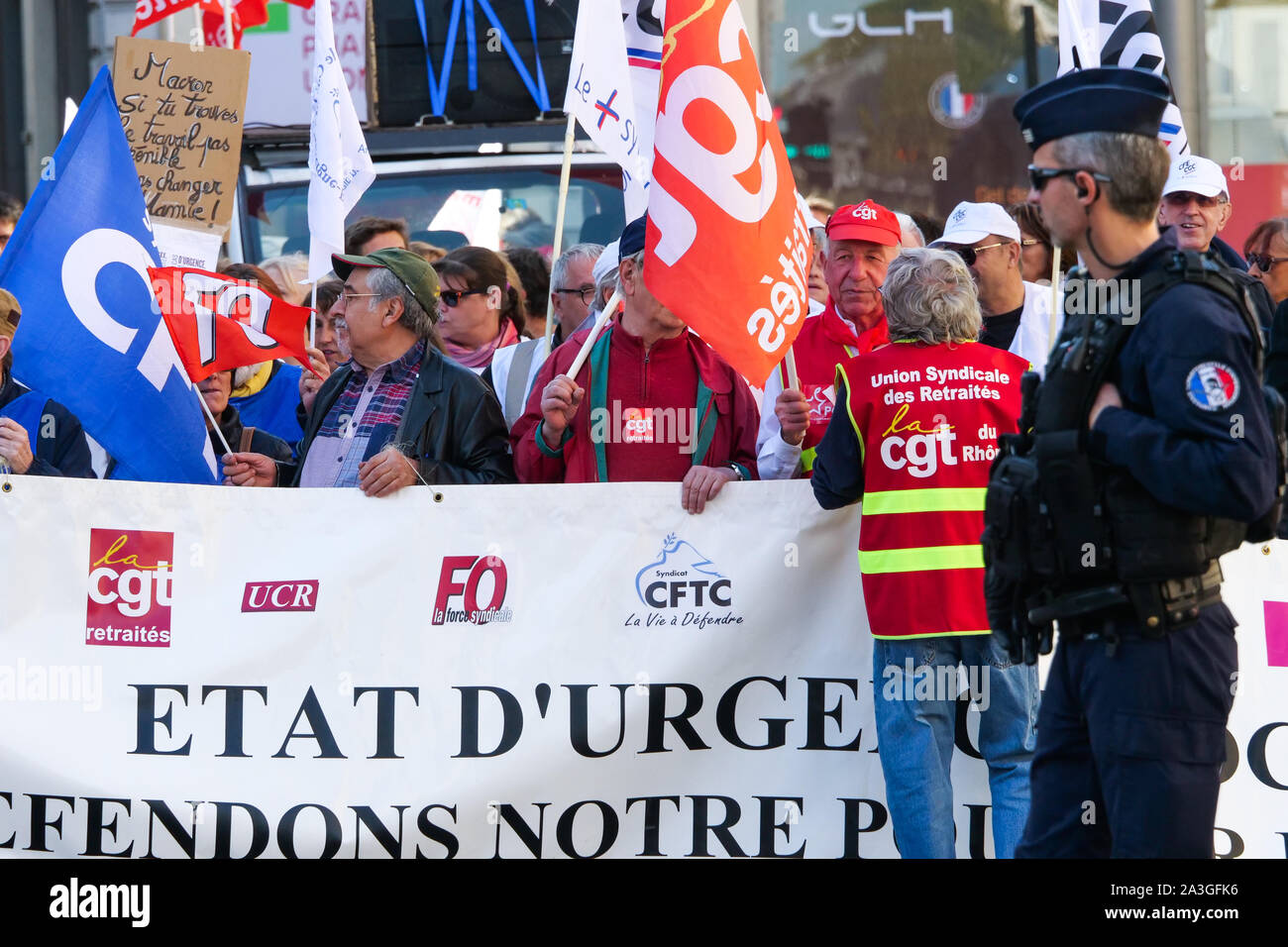 Pensionierte salarymen März in Lyon gegen die angekündigte Reform der Renten zu protestieren, Lyon, Frankreich Stockfoto
