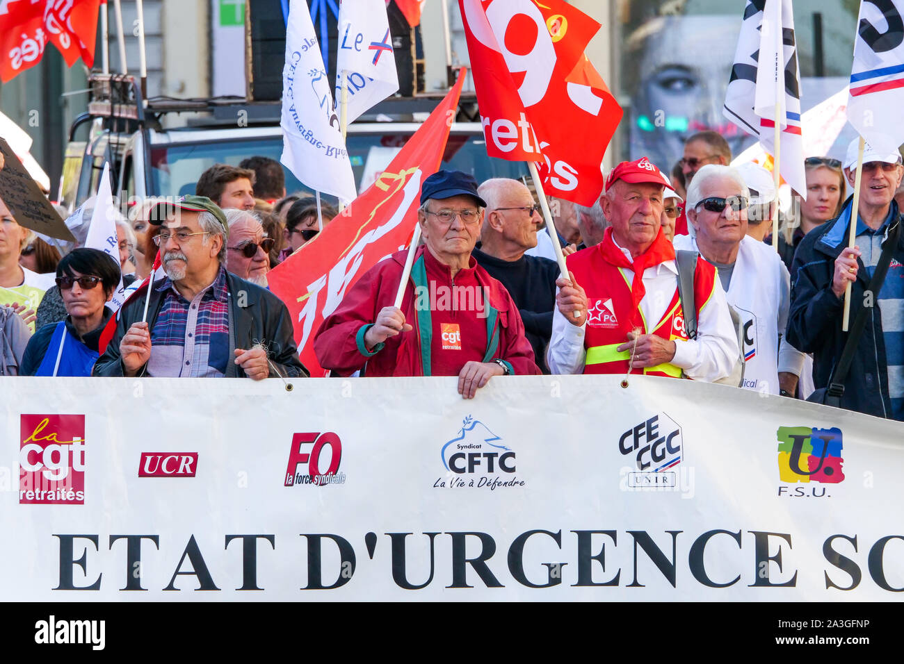 Pensionierte salarymen März in Lyon gegen die angekündigte Reform der Renten zu protestieren, Lyon, Frankreich Stockfoto