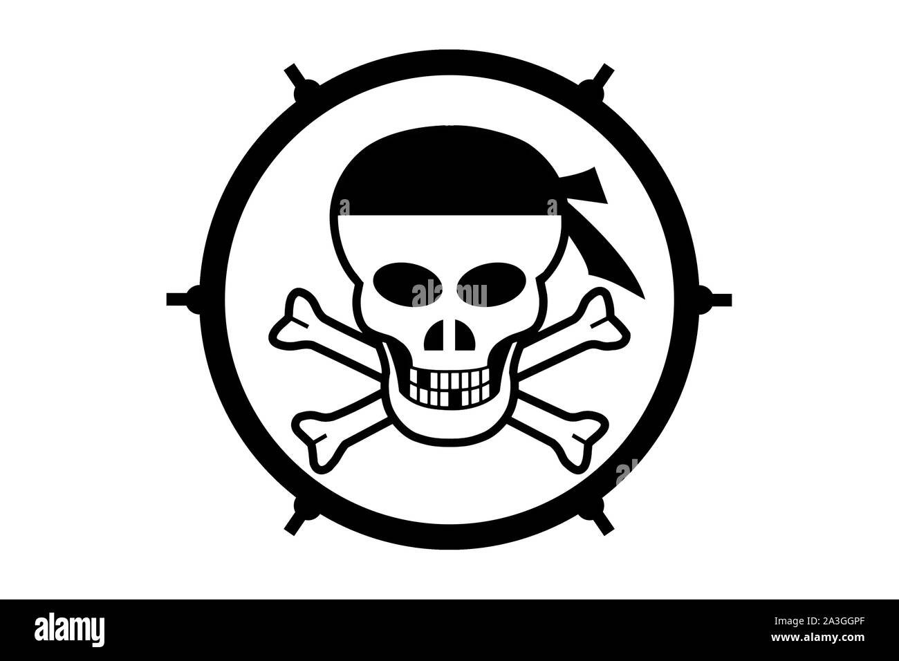 Abbildung einer Wortmarke Jolly Roger auf weißem Hintergrund in einem Kreis Stockfoto