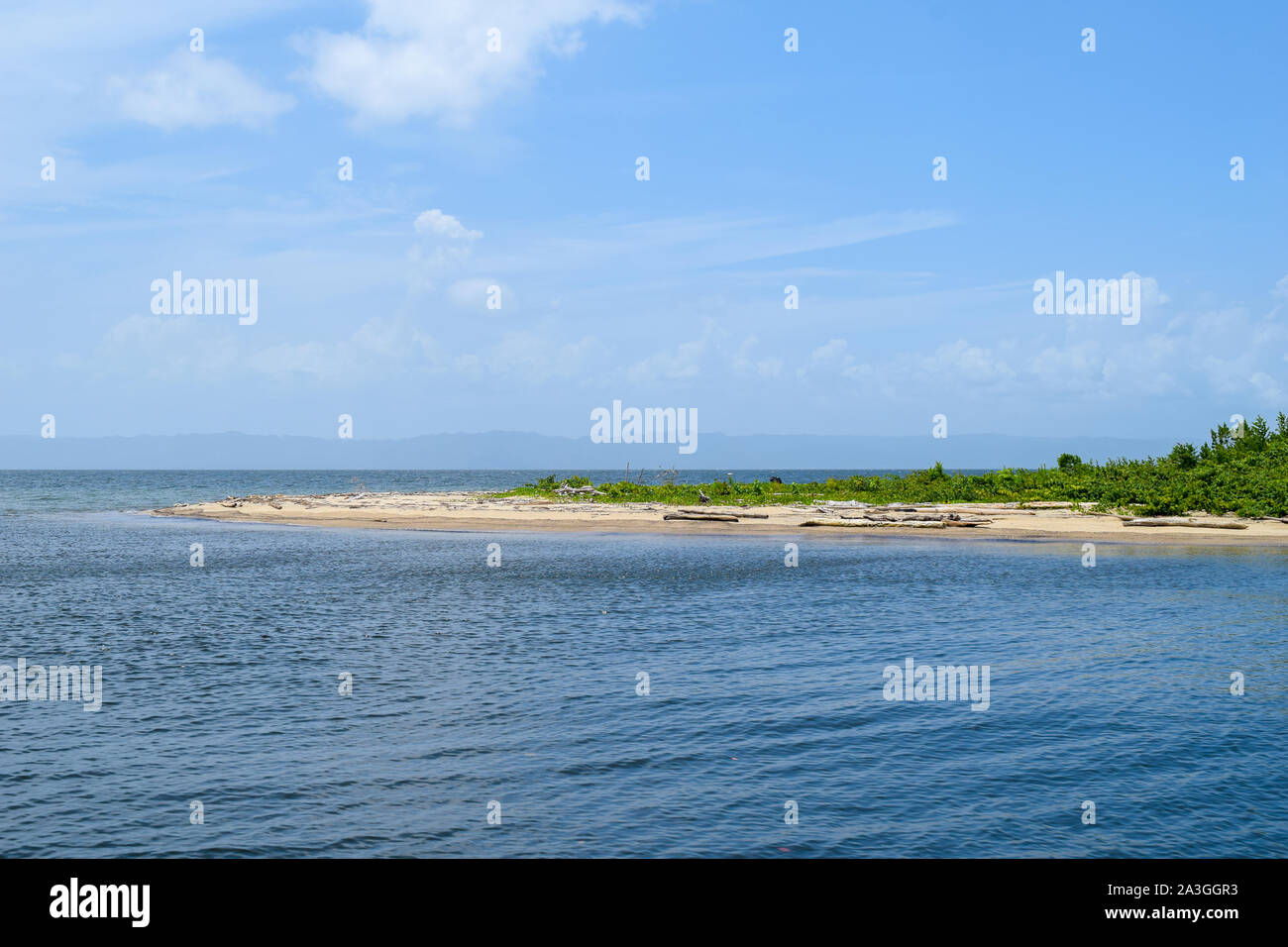 Einsame Insel im karibischen Meer mit Baumstämmen Sand Stockfoto