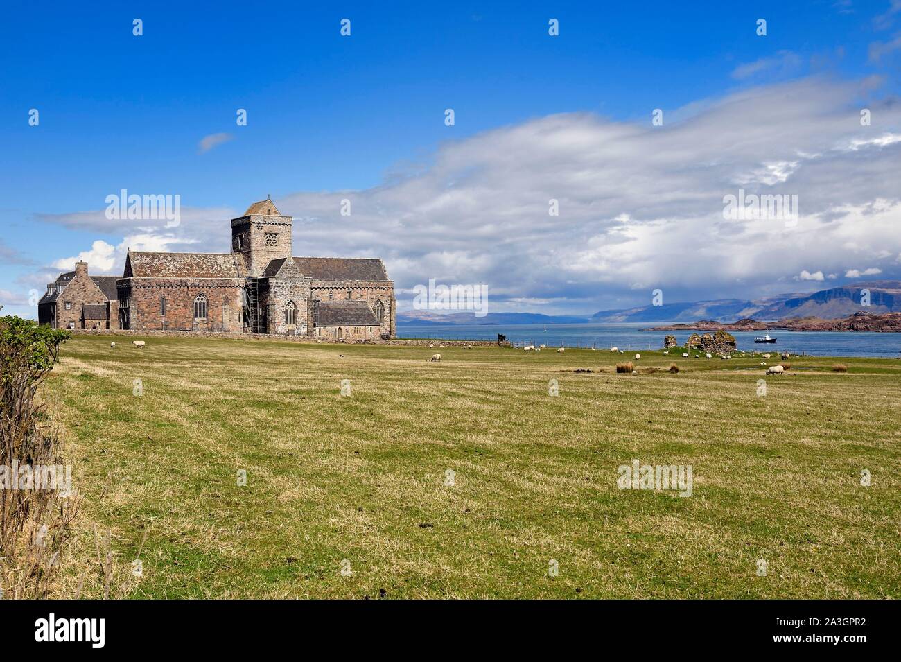 Vereinigtes Königreich, Schottland, Highland, Innere Hebriden, Isle of Iona gegenüber der Insel Mull, Iona Abbey von Saint Columba im 6. Jahrhundert gegründet. Stockfoto